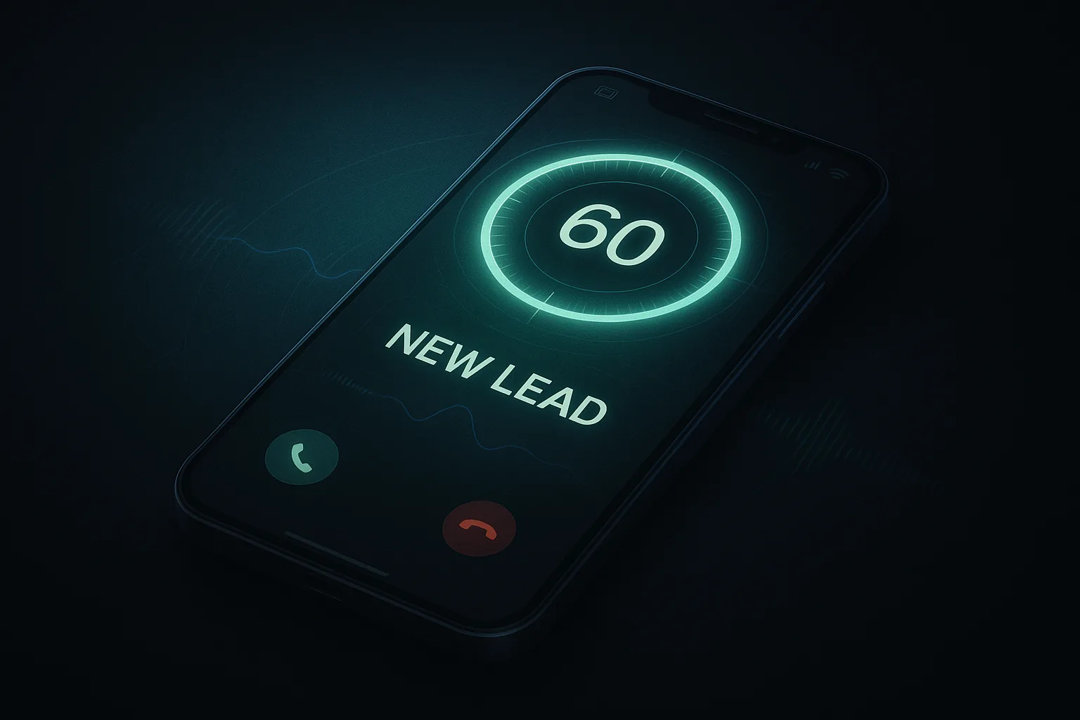 A smartphone showing an incoming call from a new lead within a 60-second timer